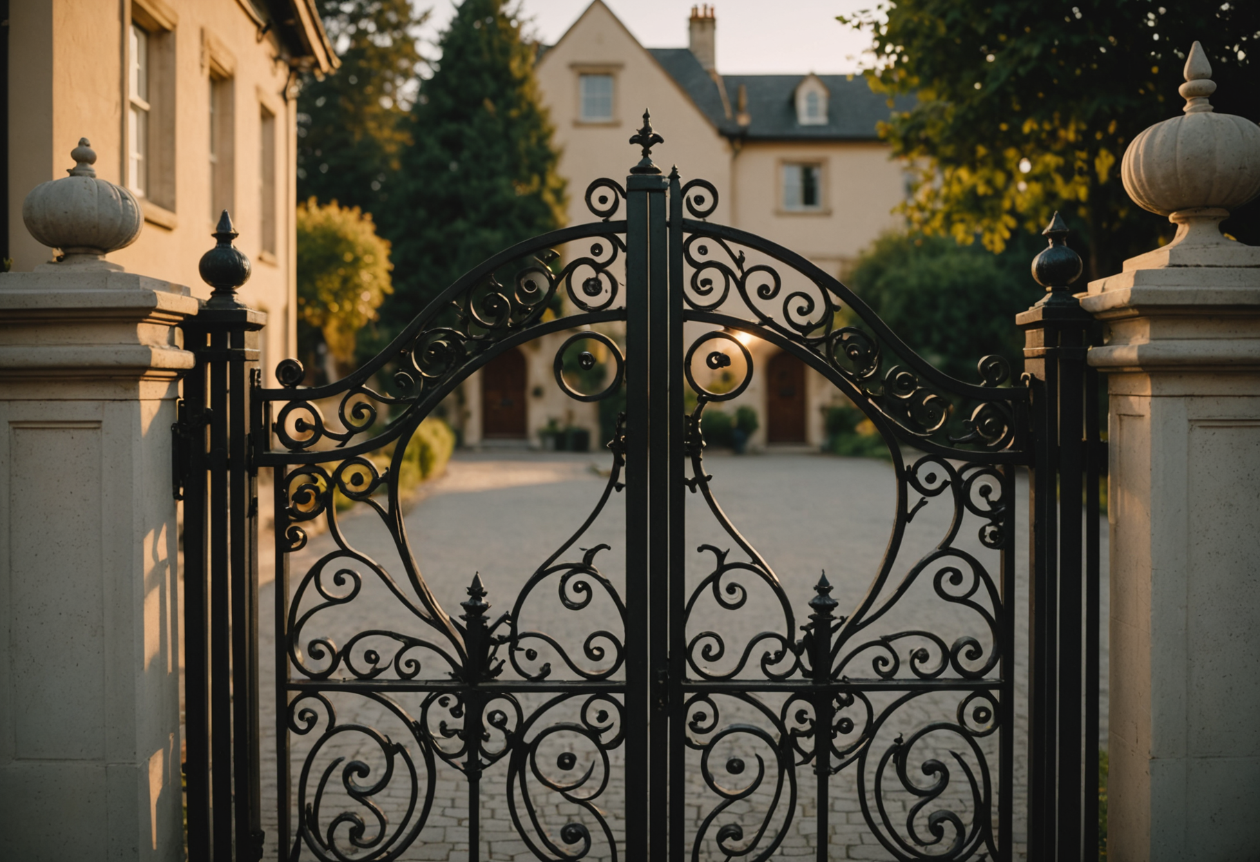 Ornate wrought iron gate at a residential property entrance