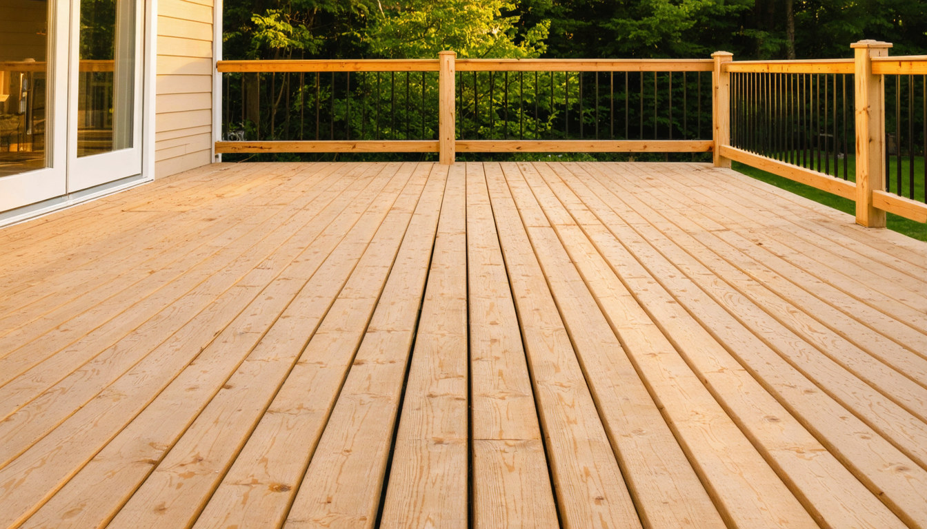 Freshly built cedar deck with natural wood grain in afternoon sunlight
