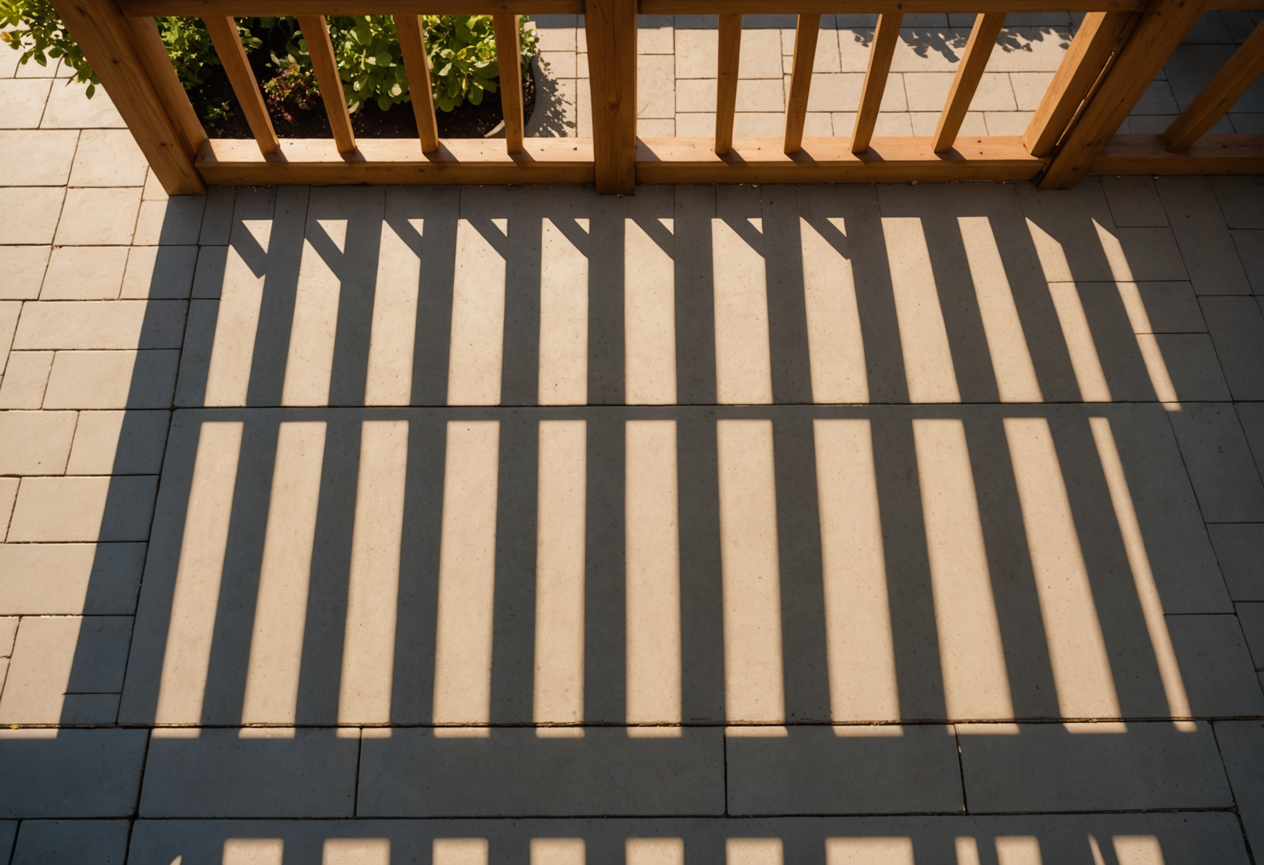 Wooden pergola casting geometric shadows on a stone patio