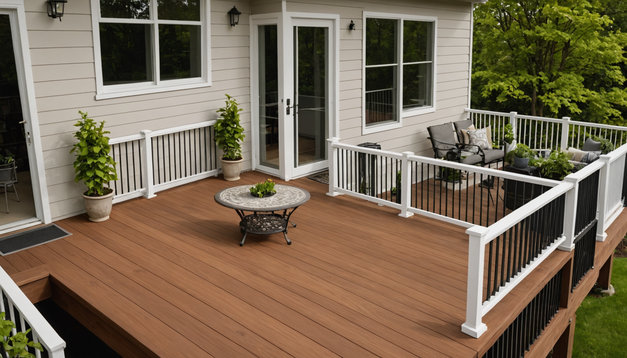 Freshly stained composite deck with railing