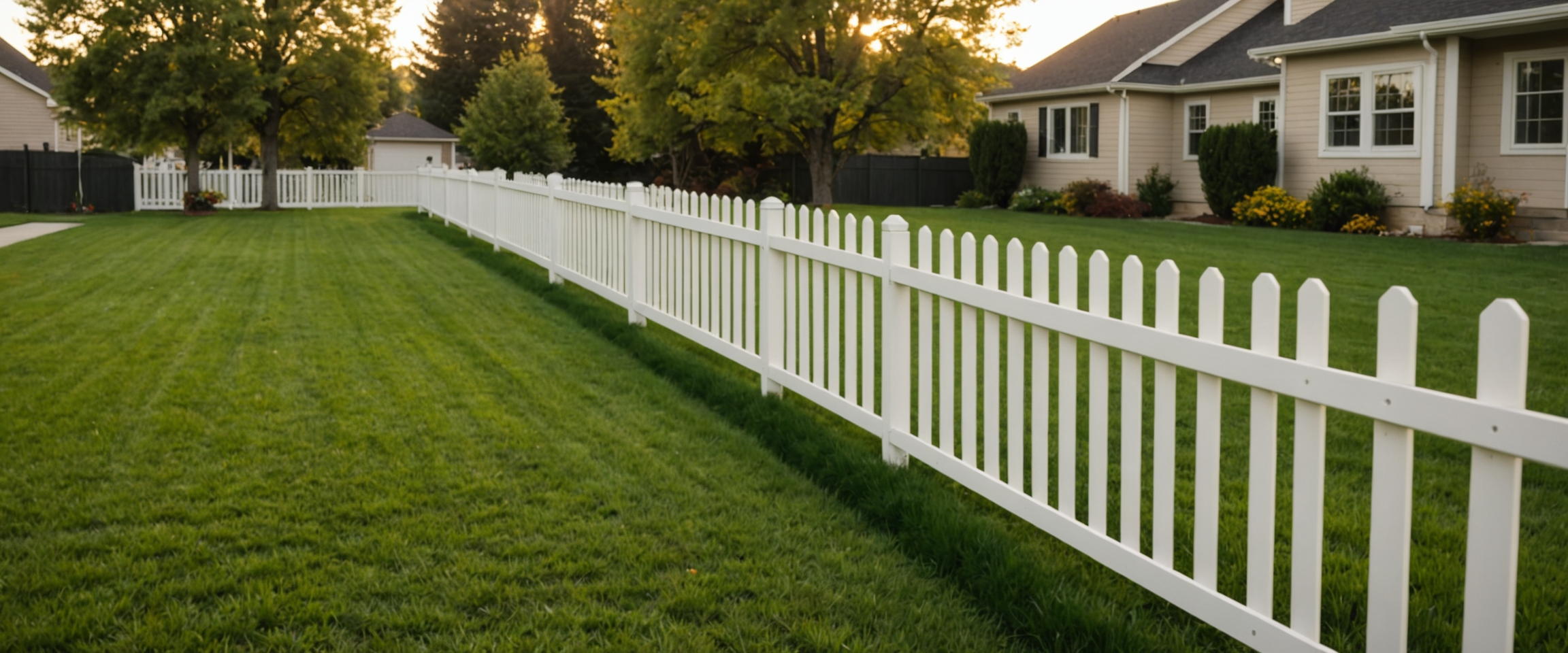 White PVC privacy fence along a manicured lawn
