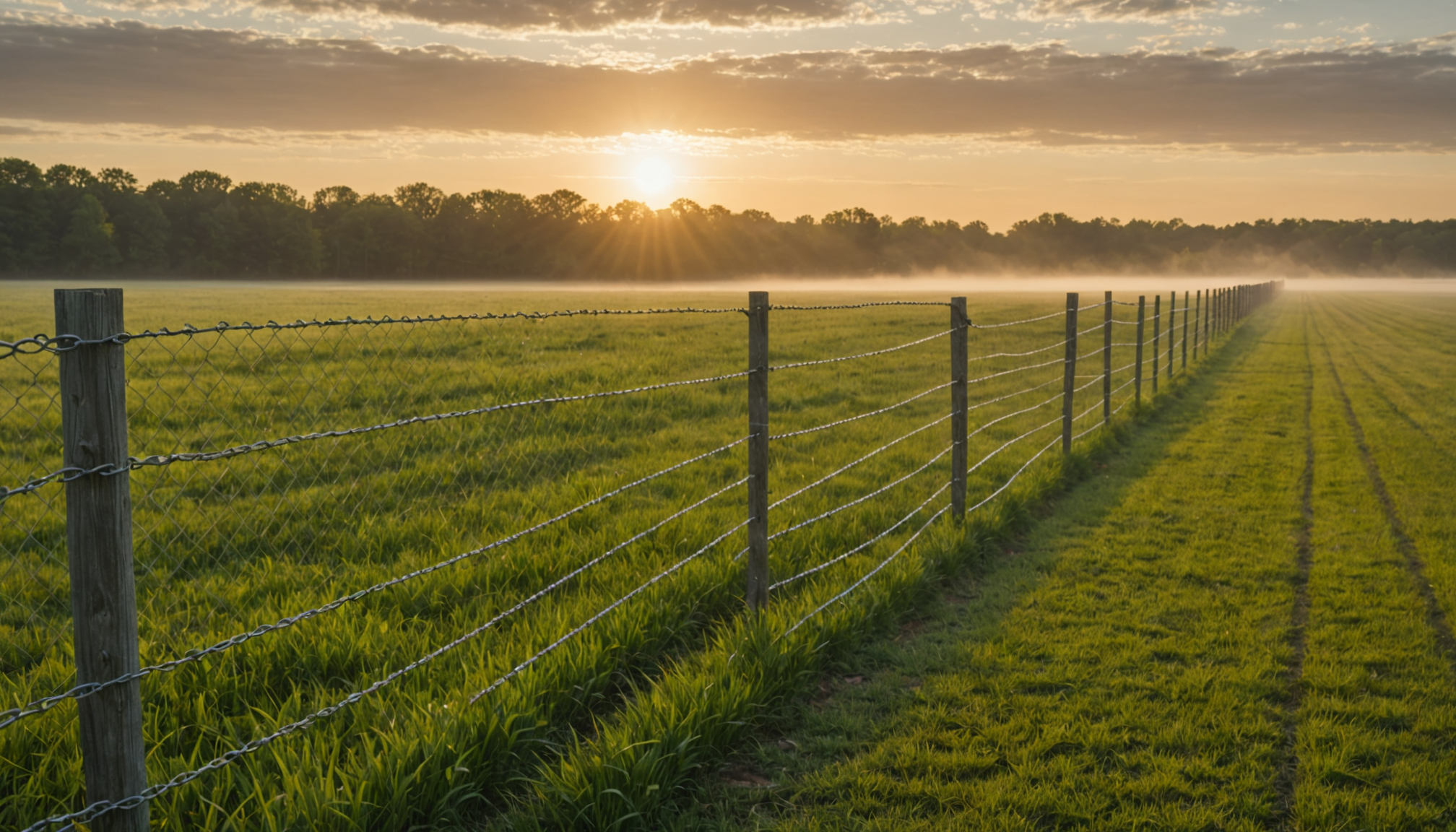 Chain-link fence stretching across a rural Indiana property