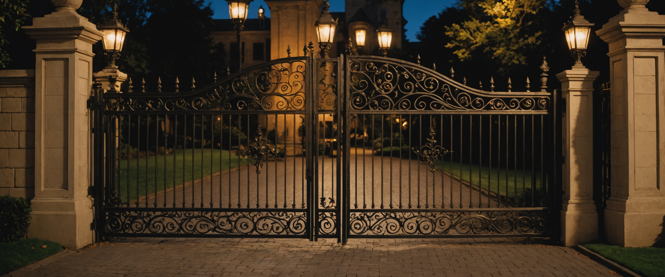Ornate wrought iron gate at dusk