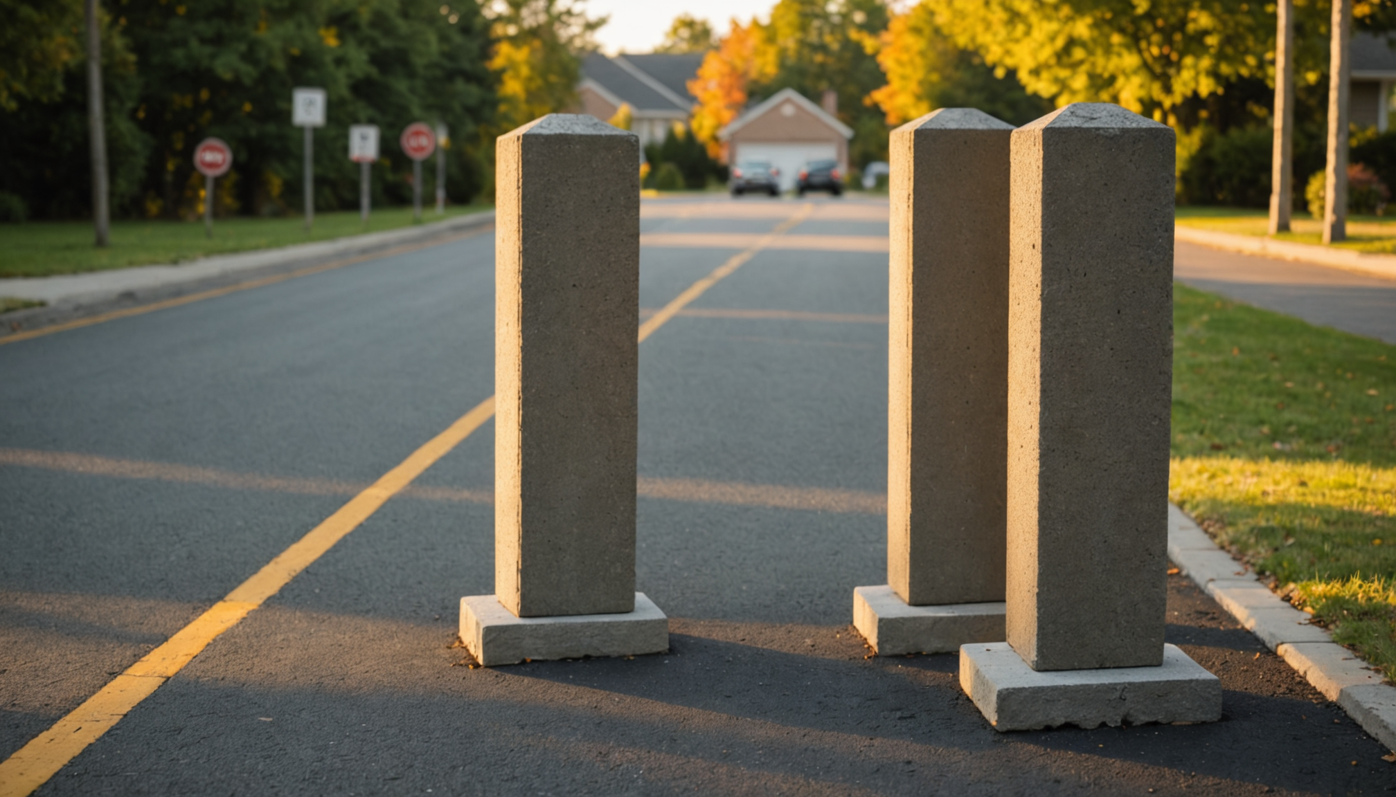 Residential driveway with stone pillars awaiting gate installation