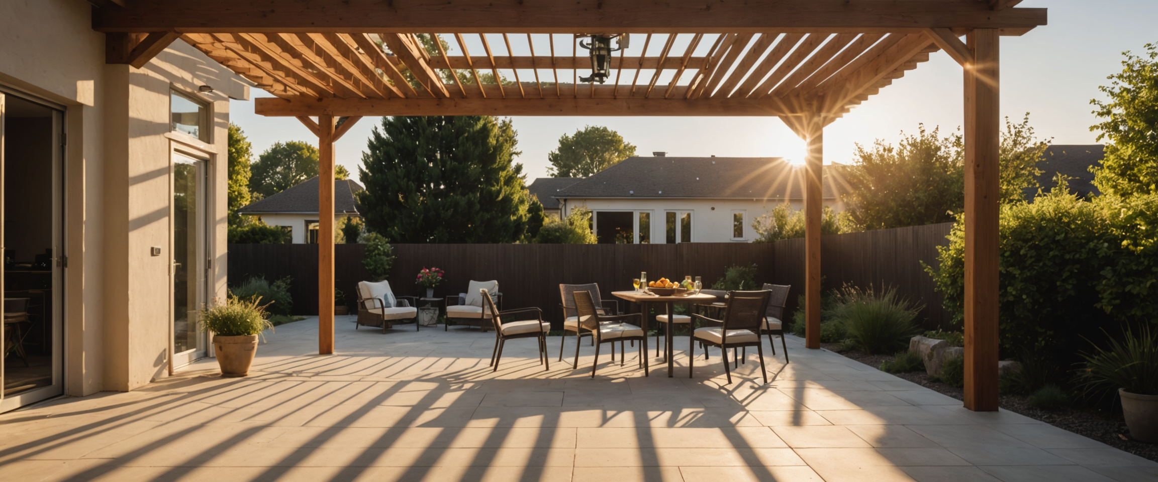 Wooden pergola casting geometric shadows on a patio