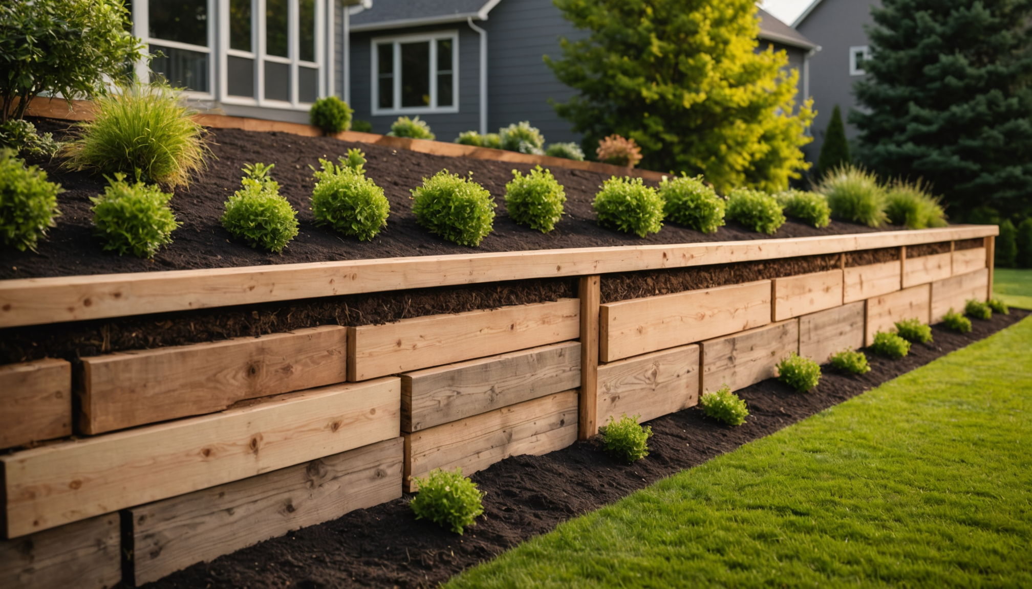 Stacked timber retaining wall bordered by lawn in golden hour